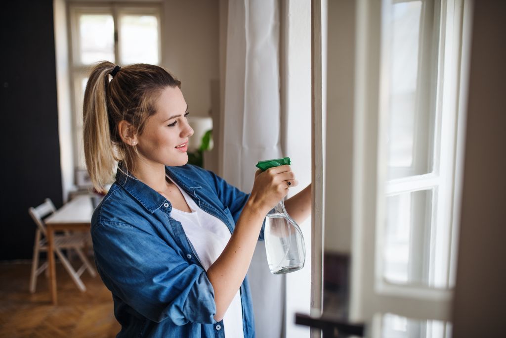 Woman cleaning windows with spray