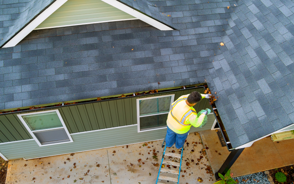 Professional cleaner cleaning clogged gutter